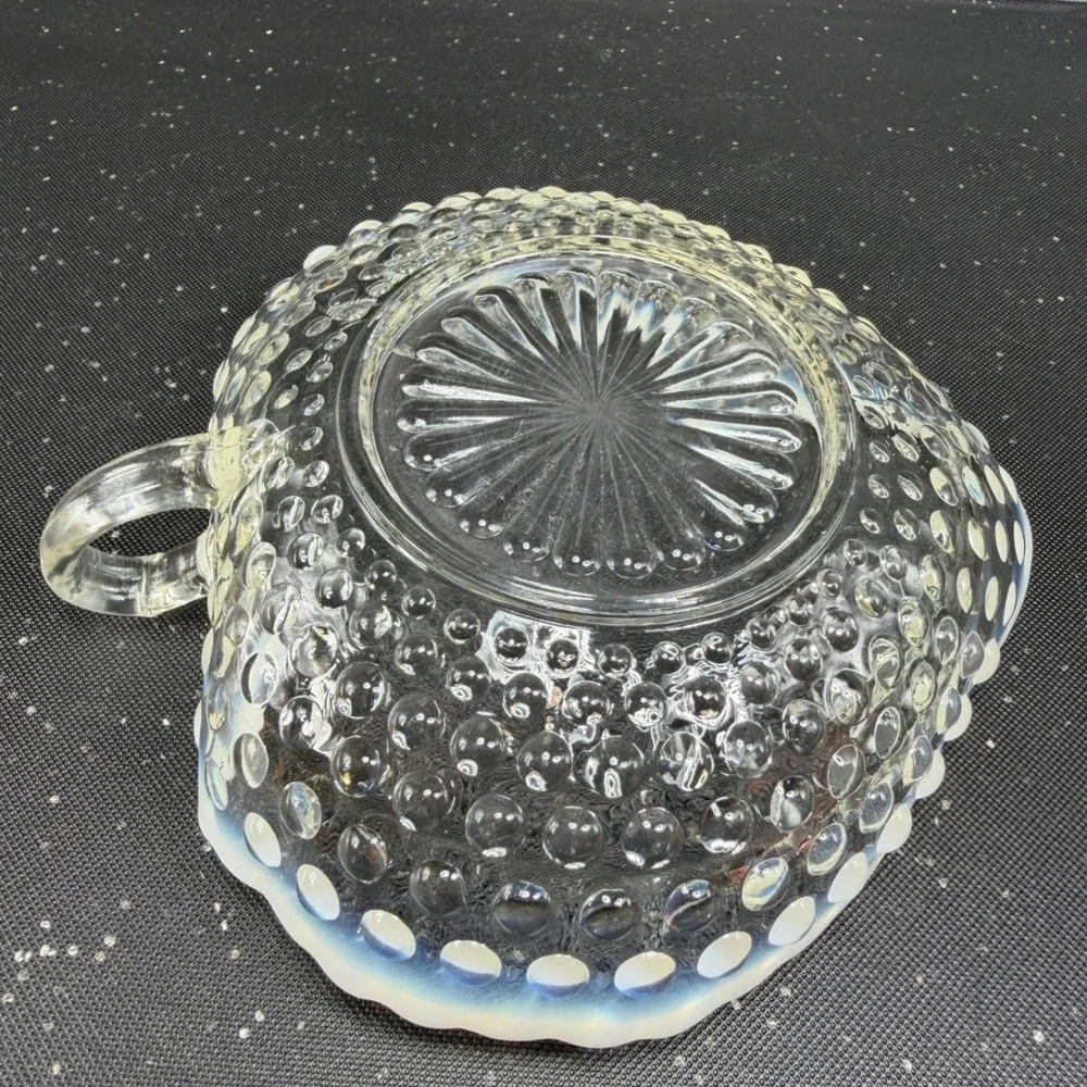 Anchor Hocking Moonstone Hobnail Opalescent Glass Bowl Ruffled Edge W‎ Handle
